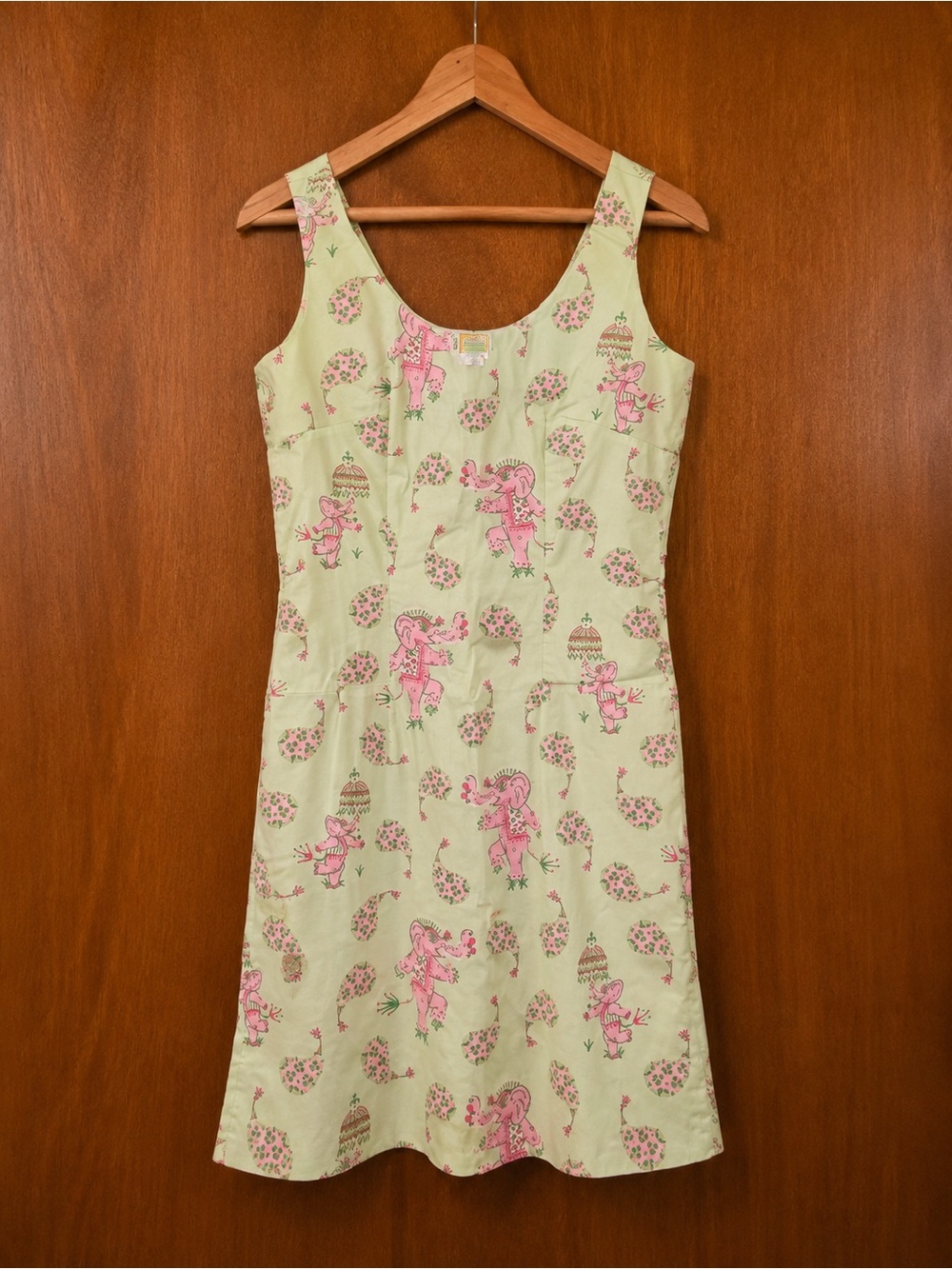 Sleeveless Light Green Midi Dress with Pink Elephant Print